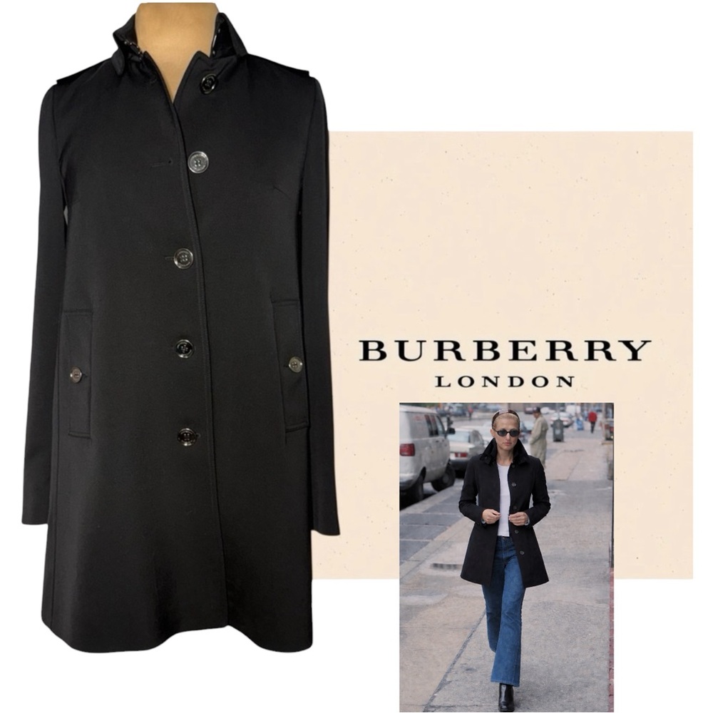 Burberry London Black Short Camden Heritage Car Coat Nova Check Lining Size 6 - Picture 2 of 14